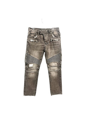 $1490 Balmain slim fit biker jeans featuring a grey stonewash color men size 34